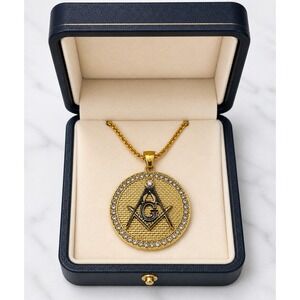 Mens Masonic Pendant Necklace Gold Tone Freemason Sq. Compass Medallion G Jewel